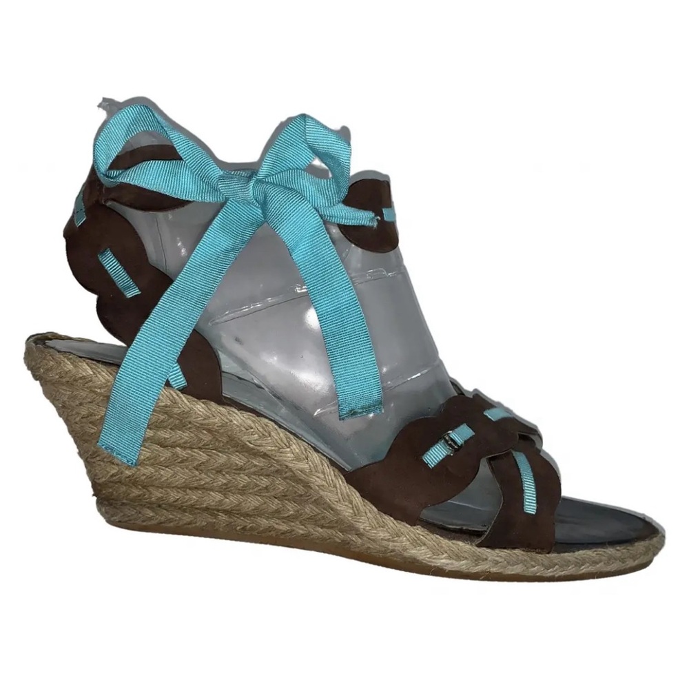 Salvatore Ferragamo Women's Brown & Aqua Lace Up Woven Wedge Sandals